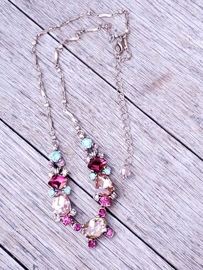 Multi-Color Crystal Statement Bib Necklace Gold Tone 17" + 3" Extender